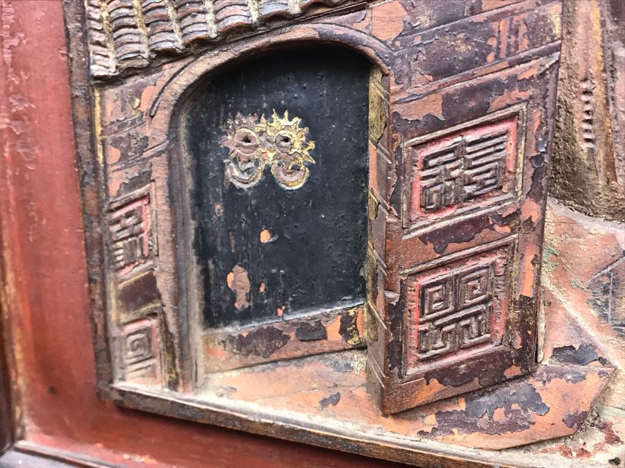 Antique Chinese Carved Wooden Desk With Scenic Carvings On Front And Both Sides [Photo 36]