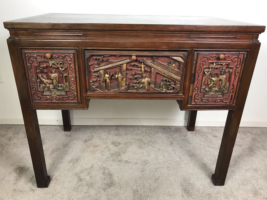 Antique Chinese Carved Wooden Desk With Scenic Carvings On Front And Both Sides [Photo 2]