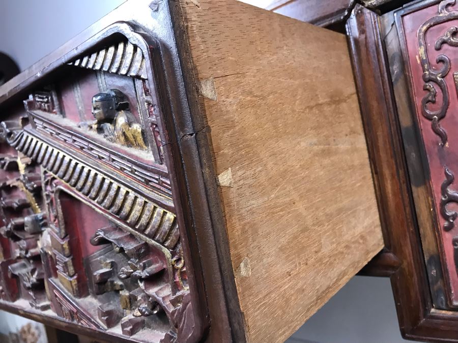 Antique Chinese Carved Wooden Desk With Scenic Carvings On Front And Both Sides [Photo 19]