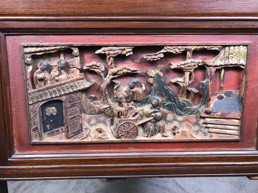 Antique Chinese Carved Wooden Desk With Scenic Carvings On Front And ...