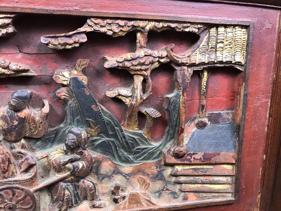 Antique Chinese Carved Wooden Desk With Scenic Carvings On Front And Both Sides [Photo 35]