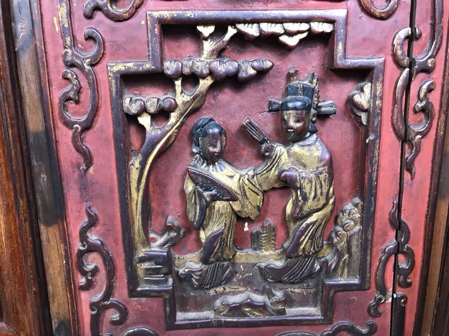 Antique Chinese Carved Wooden Desk With Scenic Carvings On Front And Both Sides [Photo 16]