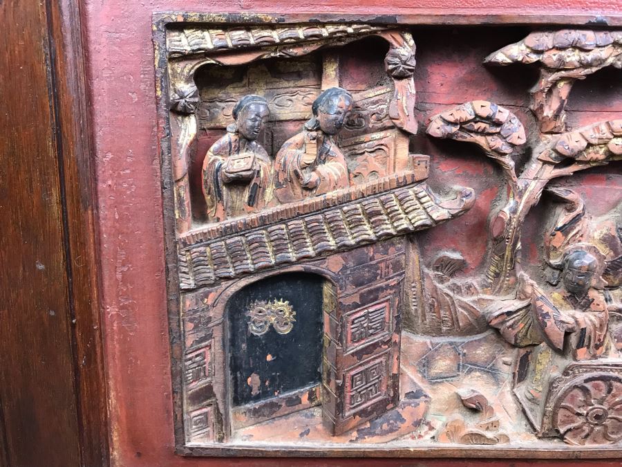 Antique Chinese Carved Wooden Desk With Scenic Carvings On Front And Both Sides [Photo 31]