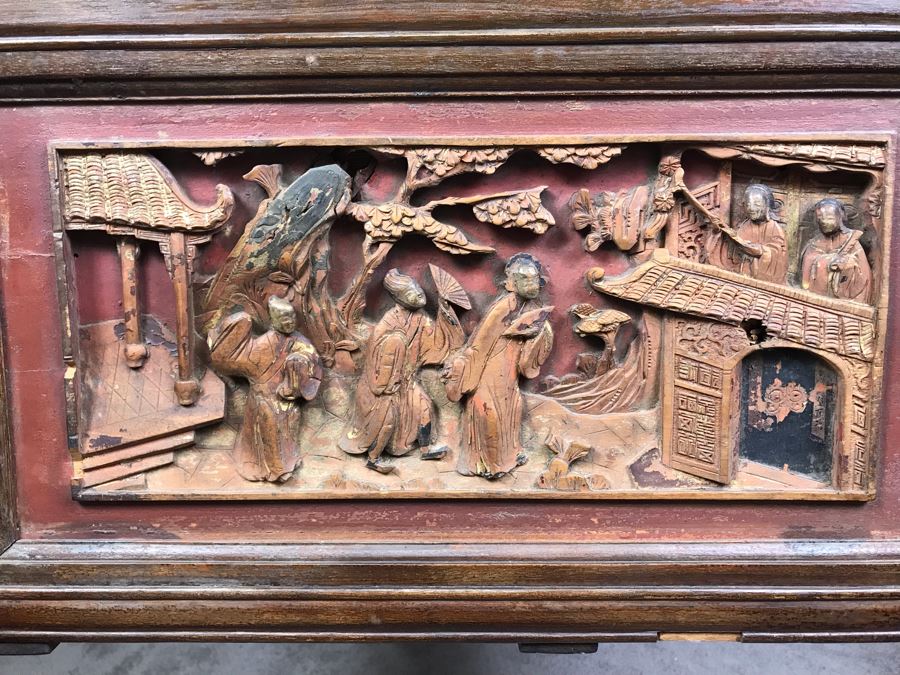 Antique Chinese Carved Wooden Desk With Scenic Carvings On Front And Both Sides [Photo 22]