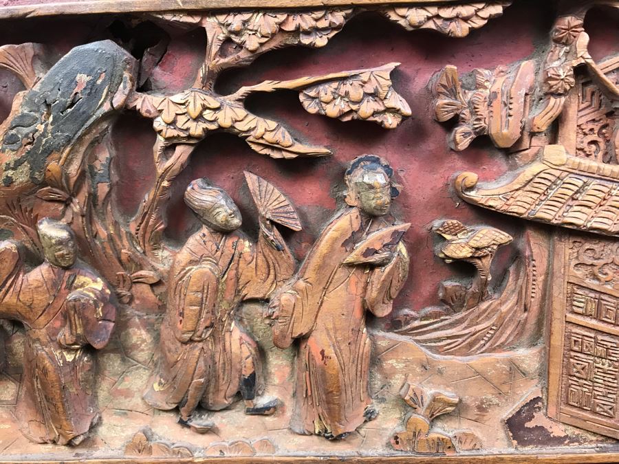 Antique Chinese Carved Wooden Desk With Scenic Carvings On Front And Both Sides [Photo 24]