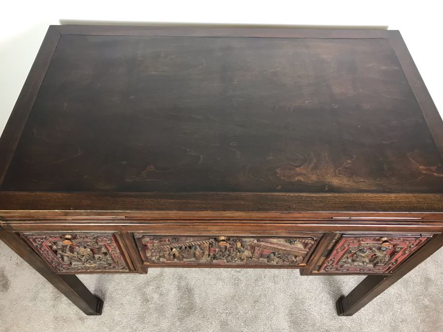 Antique Chinese Carved Wooden Desk With Scenic Carvings On Front And Both Sides [Photo 5]