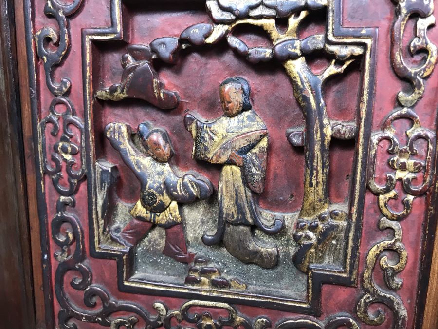 Antique Chinese Carved Wooden Desk With Scenic Carvings On Front And Both Sides [Photo 13]