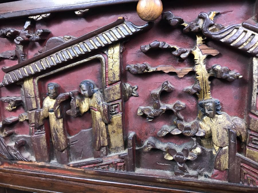 Antique Chinese Carved Wooden Desk With Scenic Carvings On Front And Both Sides [Photo 10]