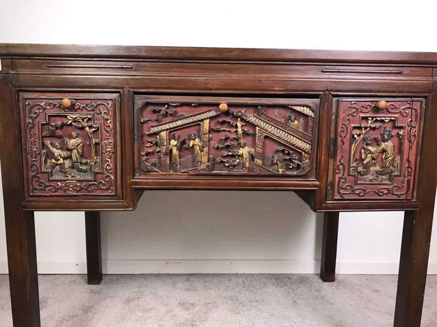 Antique Chinese Carved Wooden Desk With Scenic Carvings On Front And Both Sides [Photo 7]