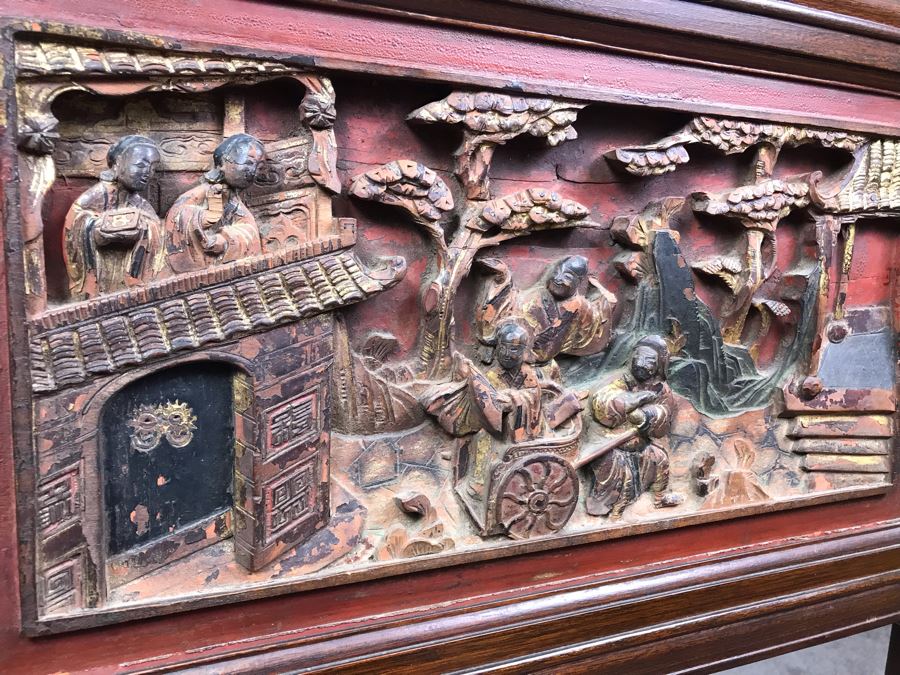 Antique Chinese Carved Wooden Desk With Scenic Carvings On Front And Both Sides [Photo 32]