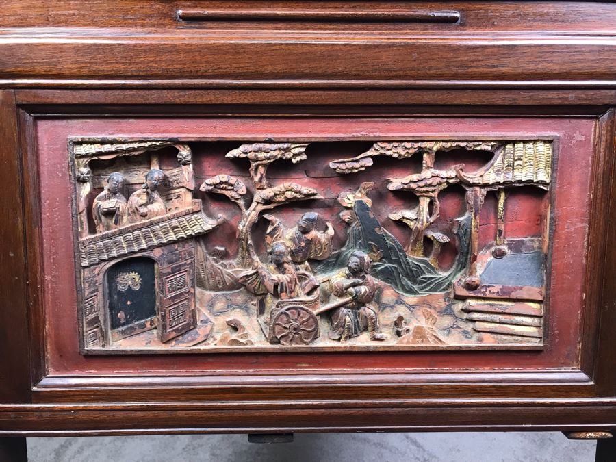 Antique Chinese Carved Wooden Desk With Scenic Carvings On Front And ...