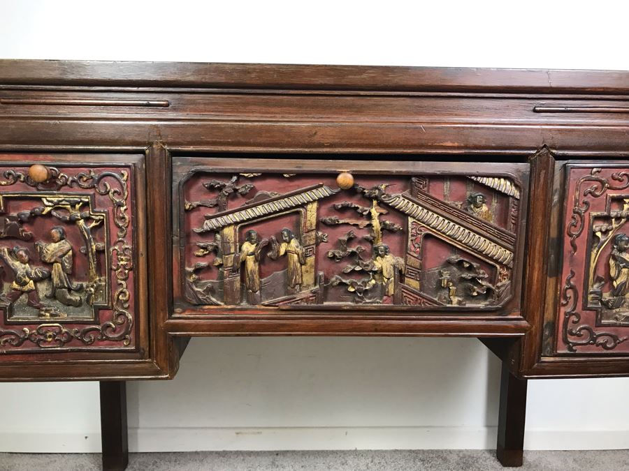 Antique Chinese Carved Wooden Desk With Scenic Carvings On Front And Both Sides [Photo 6]