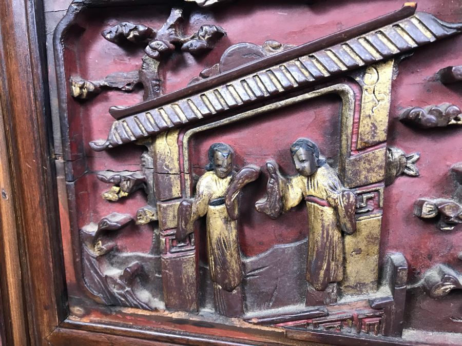 Antique Chinese Carved Wooden Desk With Scenic Carvings On Front And Both Sides [Photo 11]