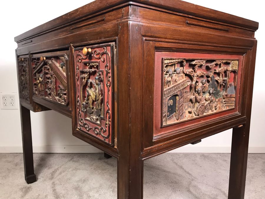 Antique Chinese Carved Wooden Desk With Scenic Carvings On Front And Both Sides [Photo 28]