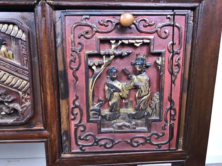 Antique Chinese Carved Wooden Desk With Scenic Carvings On Front And Both Sides [Photo 15]