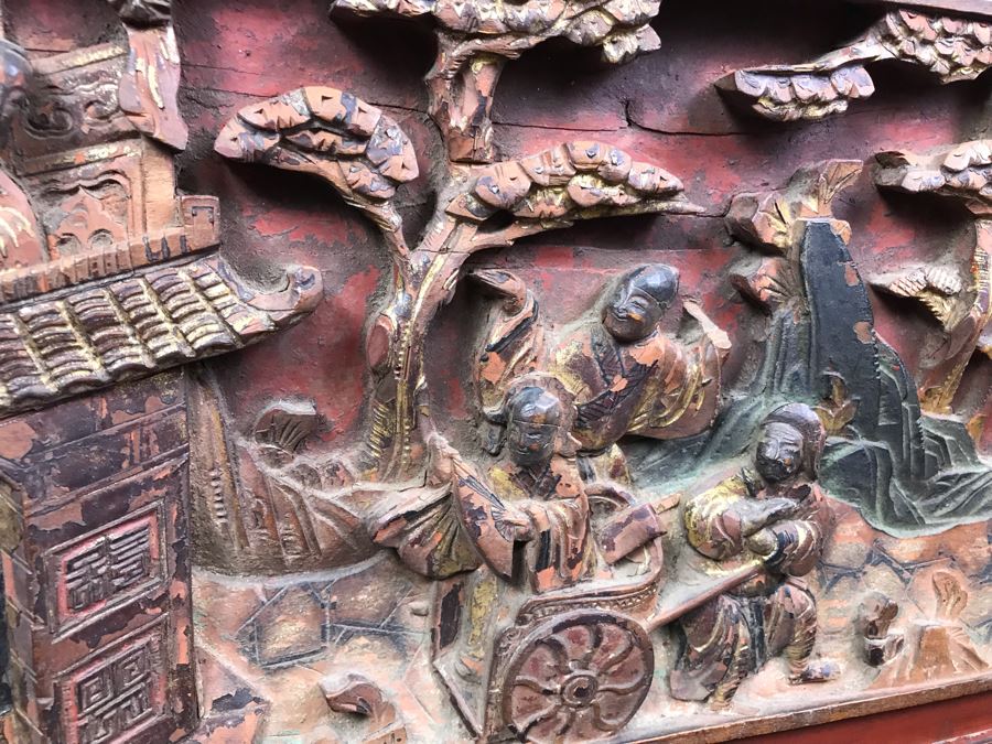 Antique Chinese Carved Wooden Desk With Scenic Carvings On Front And Both Sides [Photo 33]