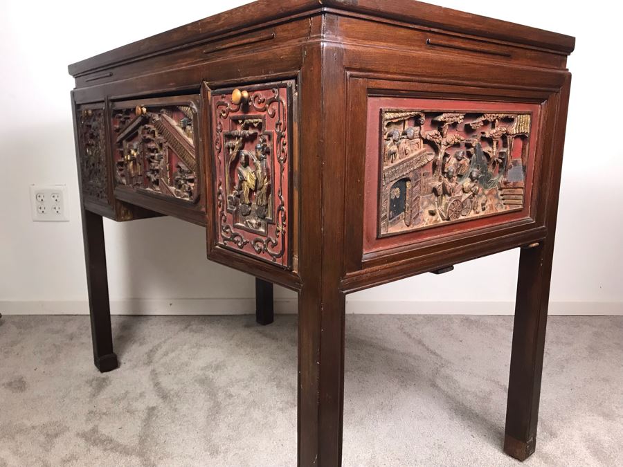Antique Chinese Carved Wooden Desk With Scenic Carvings On Front And Both Sides [Photo 27]