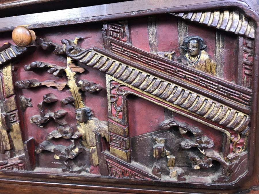 Antique Chinese Carved Wooden Desk With Scenic Carvings On Front And Both Sides [Photo 9]