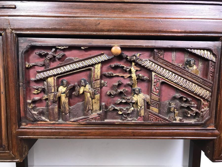 Antique Chinese Carved Wooden Desk With Scenic Carvings On Front And Both Sides [Photo 8]