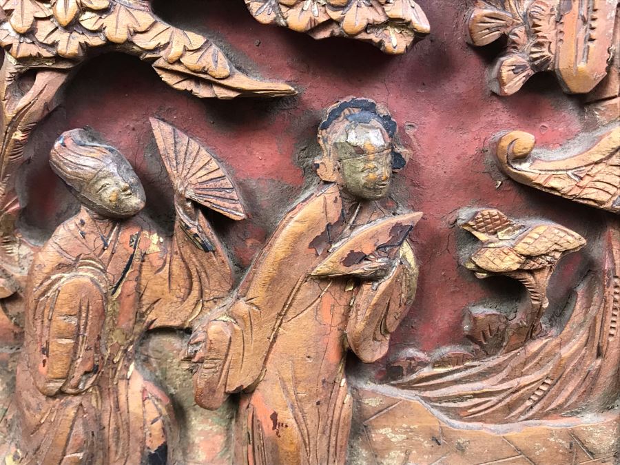 Antique Chinese Carved Wooden Desk With Scenic Carvings On Front And Both Sides [Photo 26]