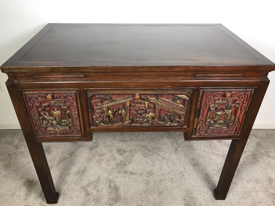 Antique Chinese Carved Wooden Desk With Scenic Carvings On Front And Both Sides [Photo 4]