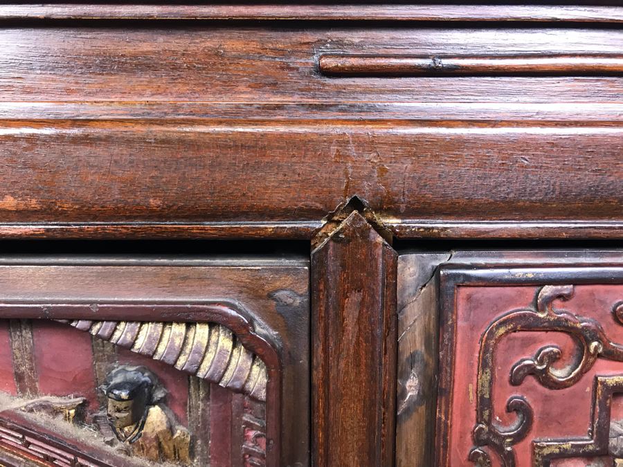 Antique Chinese Carved Wooden Desk With Scenic Carvings On Front And Both Sides [Photo 17]