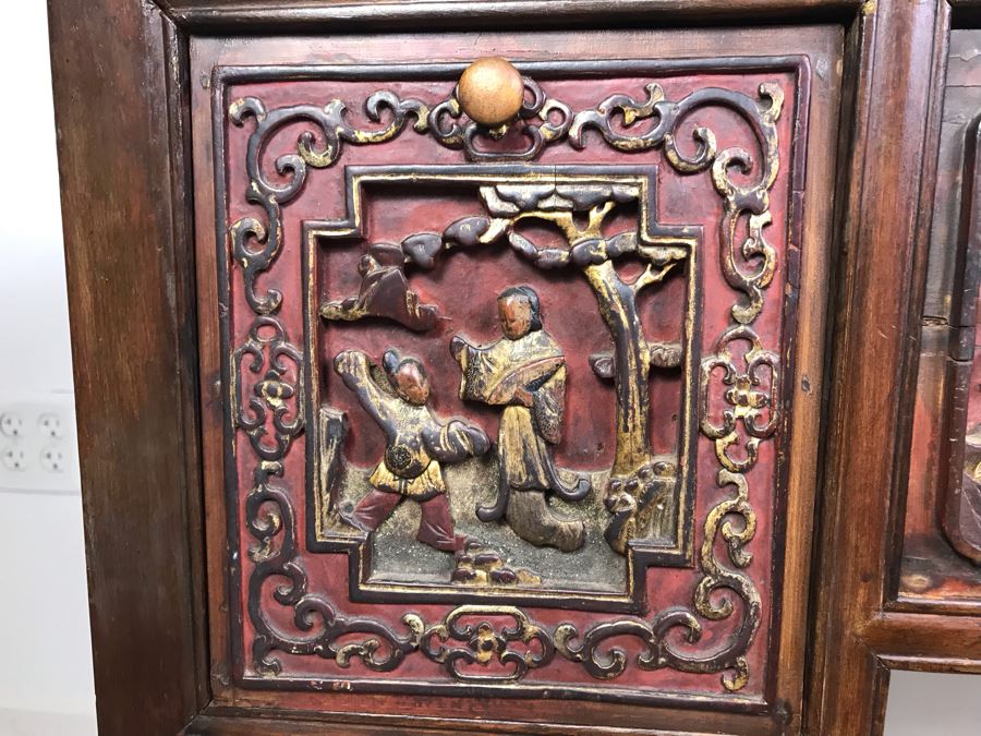 Antique Chinese Carved Wooden Desk With Scenic Carvings On Front And Both Sides [Photo 12]