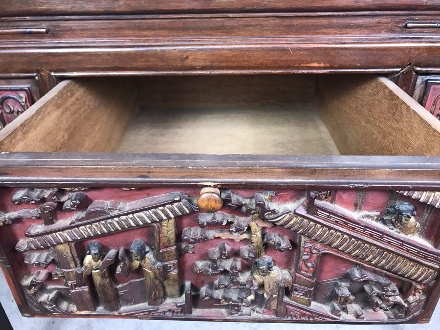 Antique Chinese Carved Wooden Desk With Scenic Carvings On Front And Both Sides [Photo 18]