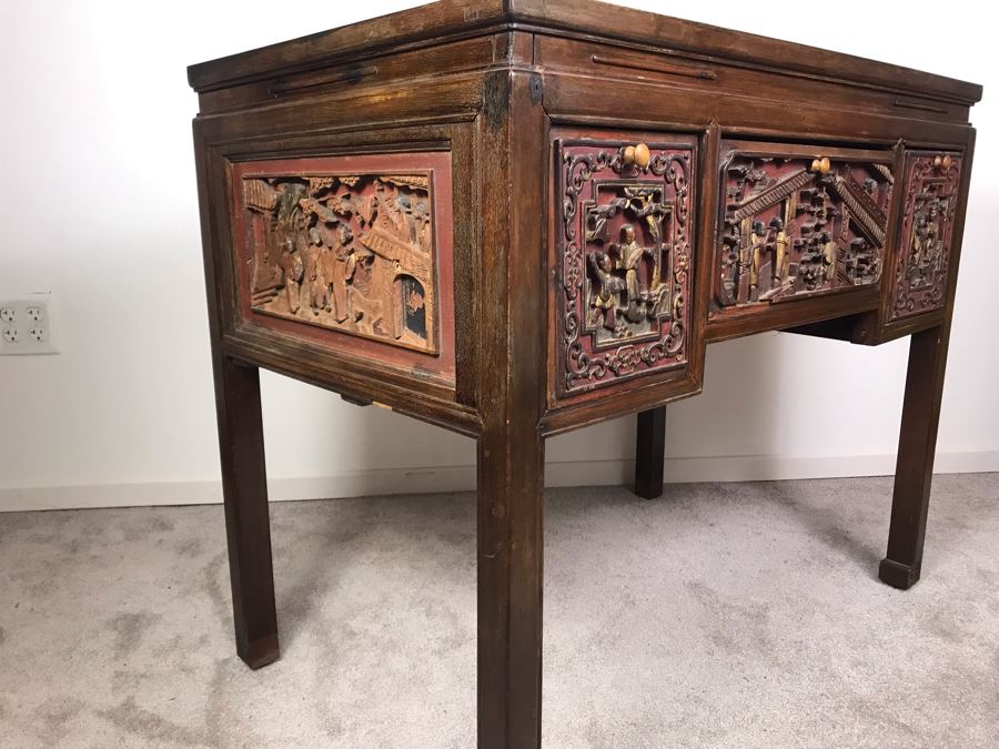 Antique Chinese Carved Wooden Desk With Scenic Carvings On Front And Both Sides [Photo 20]