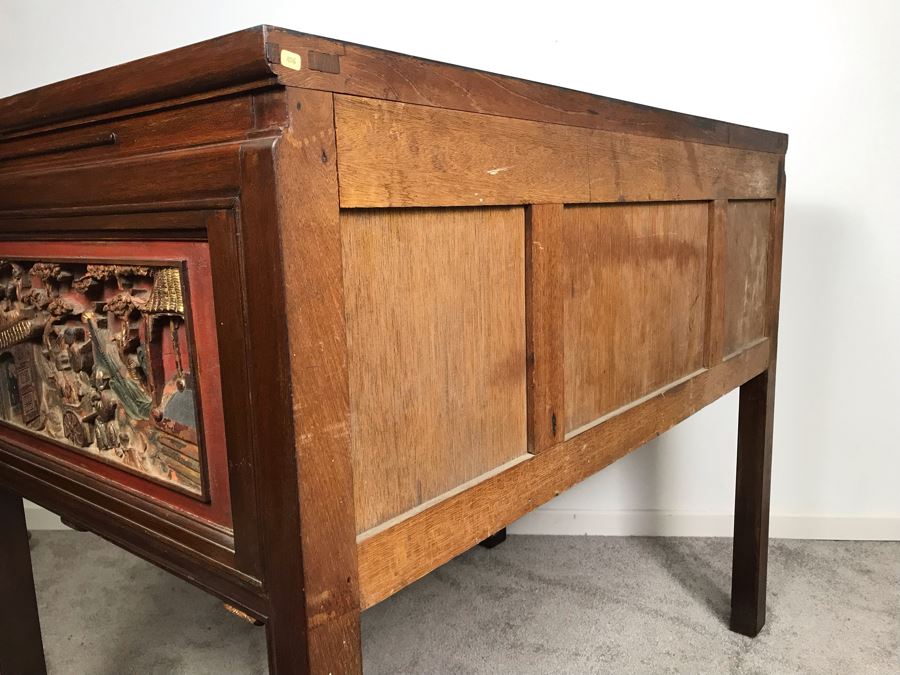 Antique Chinese Carved Wooden Desk With Scenic Carvings On Front And Both Sides [Photo 39]