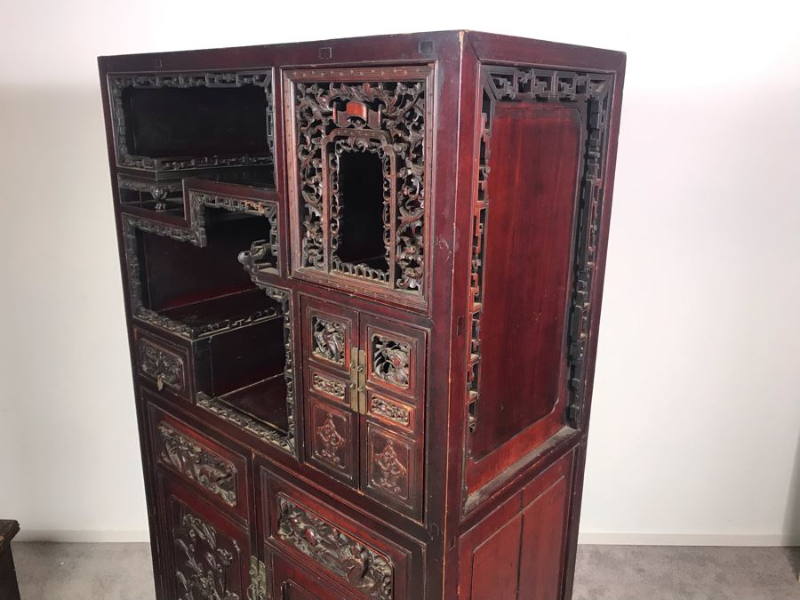 Stunning Single Antique Chinese Intricately Carved Rosewood Cabinet 34'W X 17'D X 63.5'H [Photo 49]