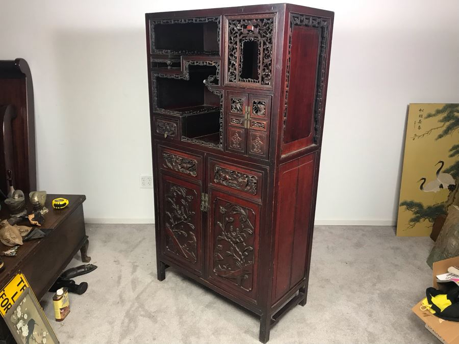 Stunning Single Antique Chinese Intricately Carved Rosewood Cabinet 34'W X 17'D X 63.5'H [Photo 51]