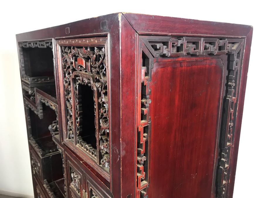 Stunning Single Antique Chinese Intricately Carved Rosewood Cabinet 34'W X 17'D X 63.5'H [Photo 53]