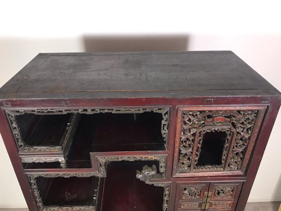 Stunning Single Antique Chinese Intricately Carved Rosewood Cabinet 34'W X 17'D X 63.5'H [Photo 48]