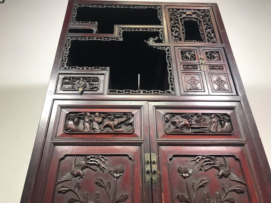 Stunning Single Antique Chinese Intricately Carved Rosewood Cabinet 34'W X 17'D X 63.5'H [Photo 37]