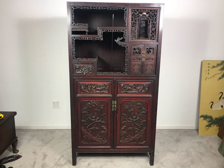 Stunning Single Antique Chinese Intricately Carved Rosewood Cabinet 34'W X 17'D X 63.5'H [Photo 4]