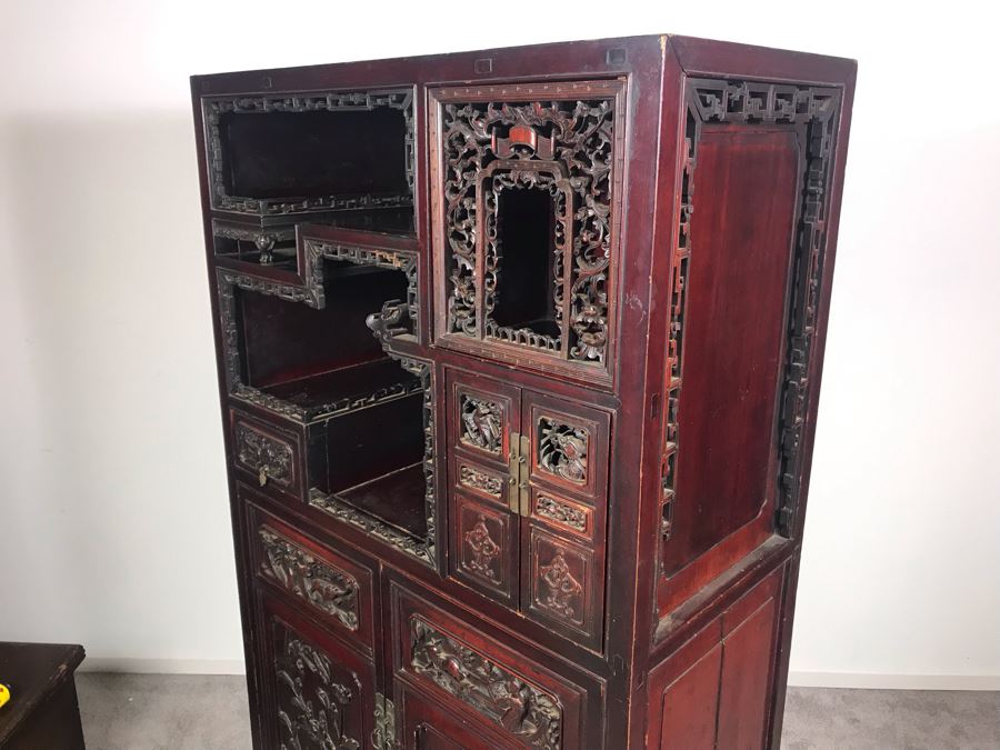 Stunning Single Antique Chinese Intricately Carved Rosewood Cabinet 34'W X 17'D X 63.5'H [Photo 50]