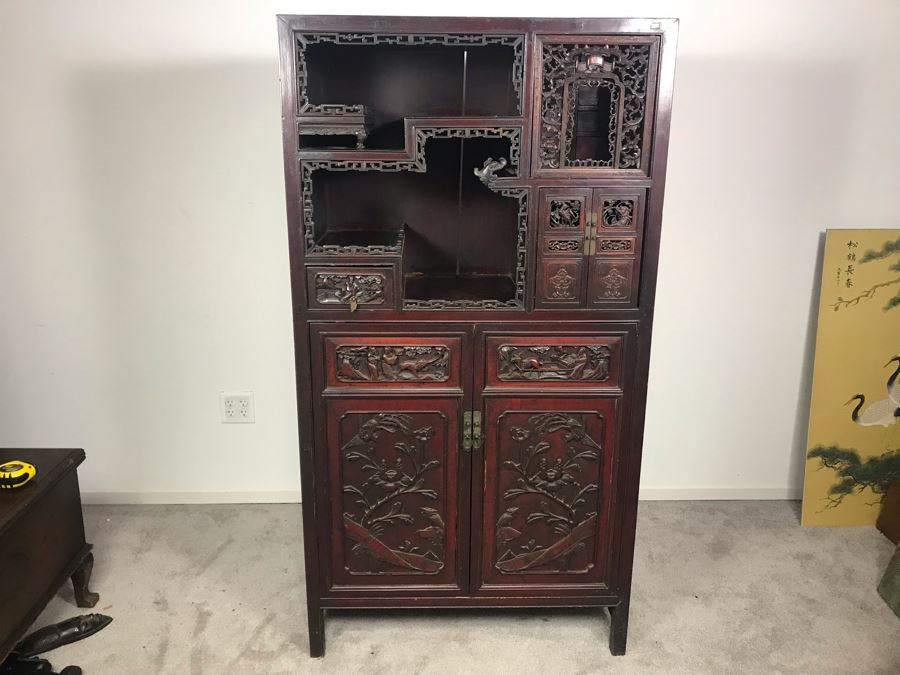 Stunning Single Antique Chinese Intricately Carved Rosewood Cabinet 34'W X 17'D X 63.5'H [Photo 2]