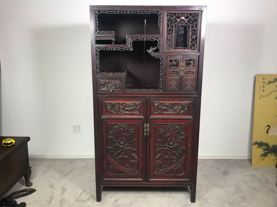Stunning Single Antique Chinese Intricately Carved Rosewood Cabinet 34'W X 17'D X 63.5'H [Photo 3]