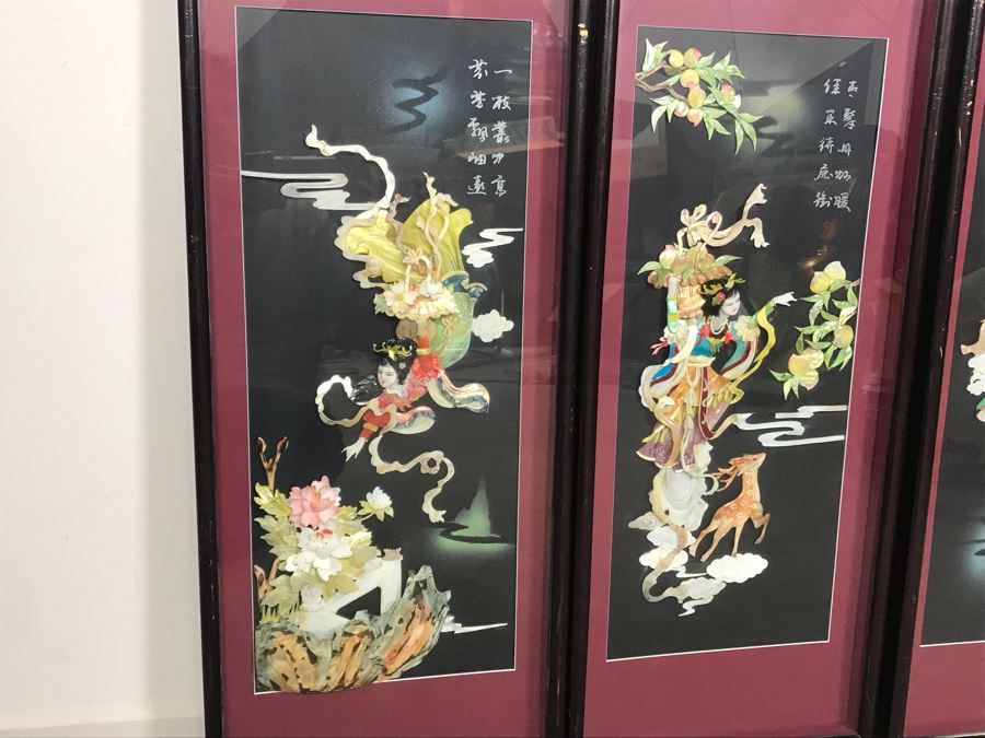 Set Of (4) Handmade Chinese Shell Artwork Shadow Box 3-D Panels Each 13' X 31' [Photo 4]