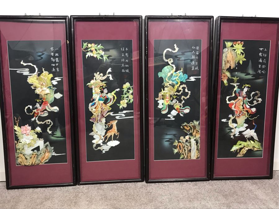 Set Of (4) Handmade Chinese Shell Artwork Shadow Box 3-D Panels Each 13' X 31' [Photo 3]
