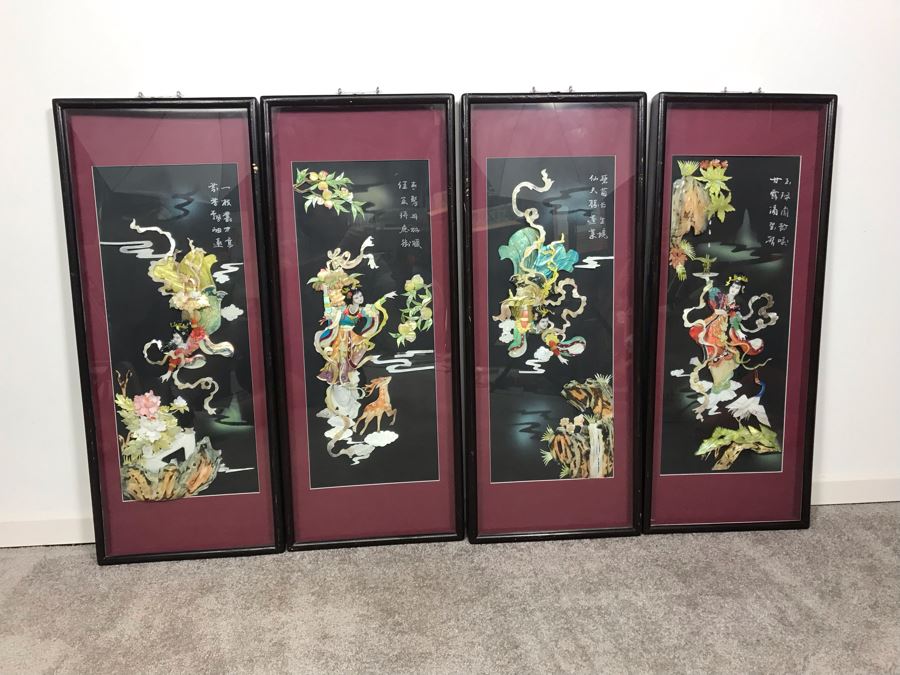 Set Of (4) Handmade Chinese Shell Artwork Shadow Box 3-D Panels Each 13' X 31'