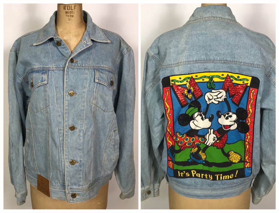 Walt Disney Mickey Mouse And Minnie Mouse Denim Jacket 'It's Party Time!' Size M
