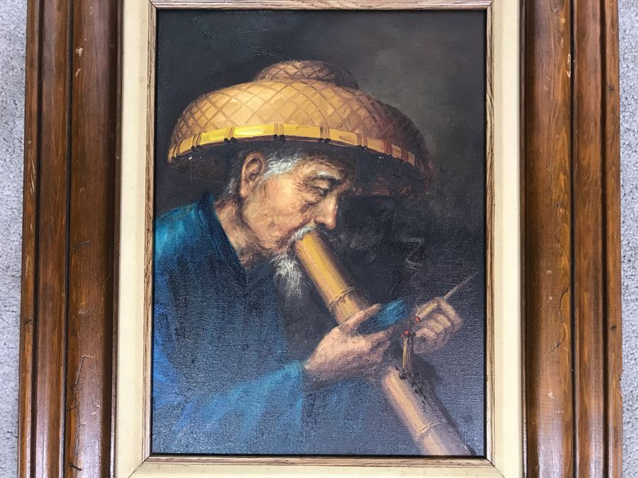 Original Asian Signed Oil Painting Of Man Smoking Pipe Signed Chan 20' X 24' [Photo 3]