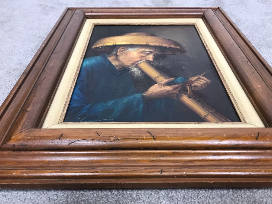 Original Asian Signed Oil Painting Of Man Smoking Pipe Signed Chan 20' X 24' [Photo 10]