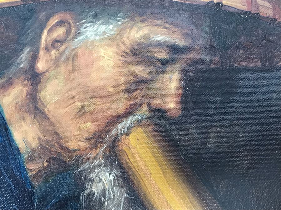 Original Asian Signed Oil Painting Of Man Smoking Pipe Signed Chan 20' X 24' [Photo 5]