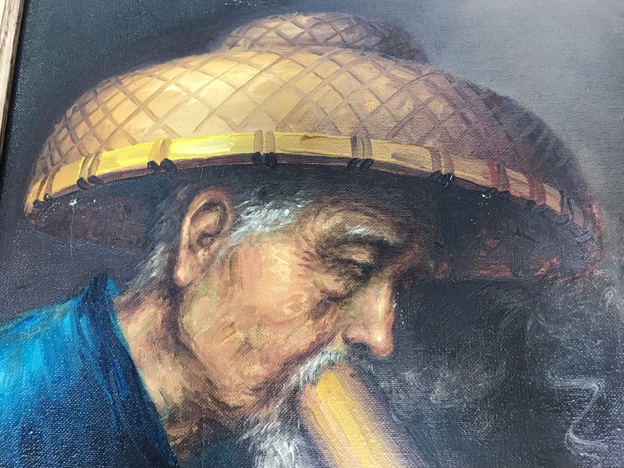 Original Asian Signed Oil Painting Of Man Smoking Pipe Signed Chan 20' X 24' [Photo 4]