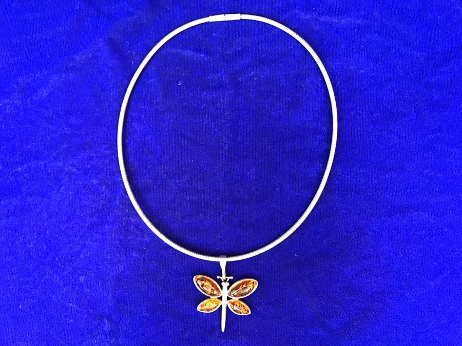 Sterling Silver Amber Dragonfly Pendant Necklace 32g [Photo 14]
