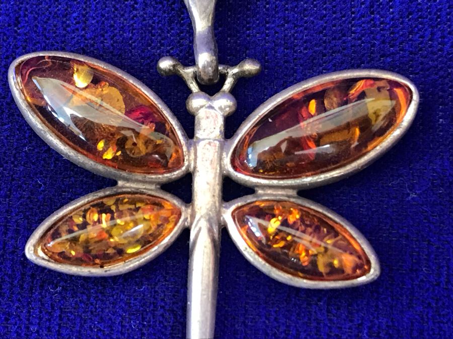 Sterling Silver Amber Dragonfly Pendant Necklace 32g [Photo 9]