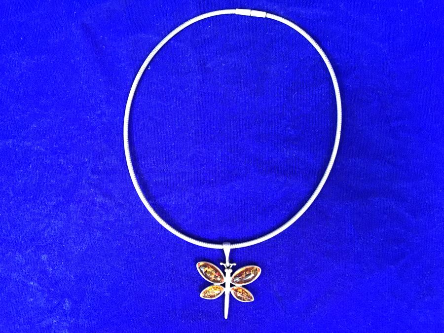 Sterling Silver Amber Dragonfly Pendant Necklace 32g [Photo 2]